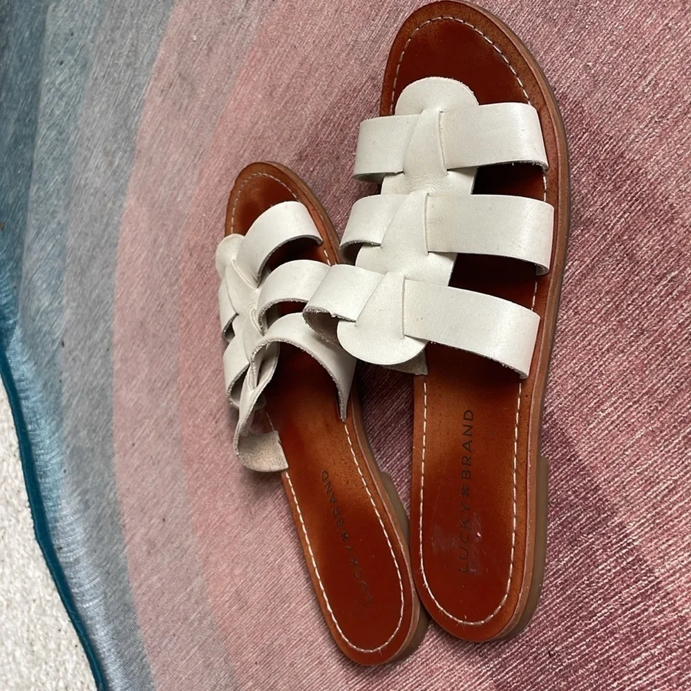 Lucky Brand Aisha Cream Woven Boho Leather Slide Sandals